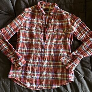 GAP Top Women's Popover Plaid Red Purple Sheer Long Sleeve